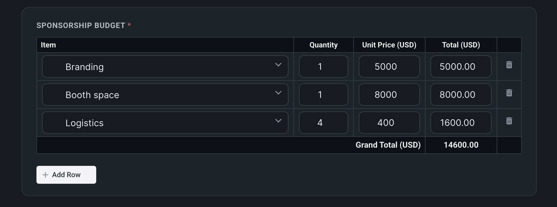 Cost calculation table screenshot in REVO Approval Workflows