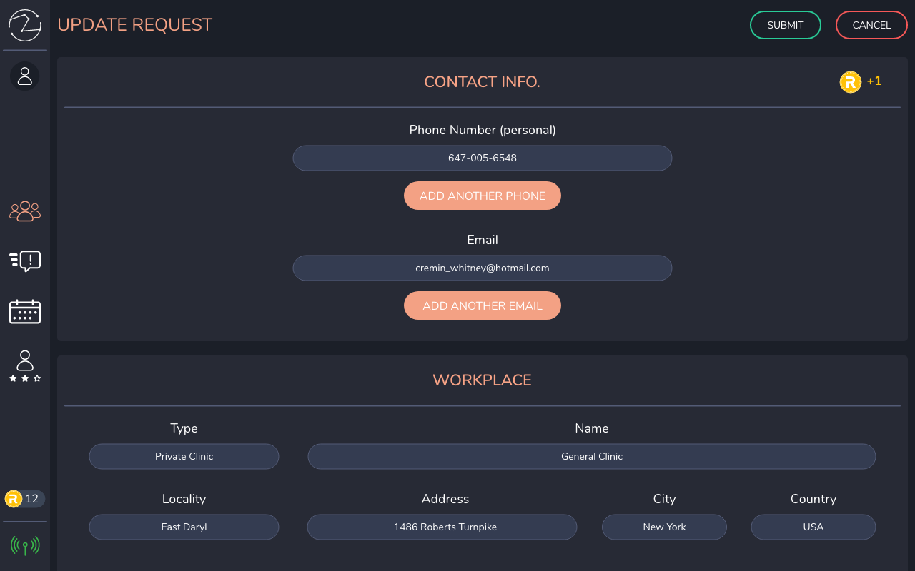 REVO CRM Booster update request form for editing customer account contact information.