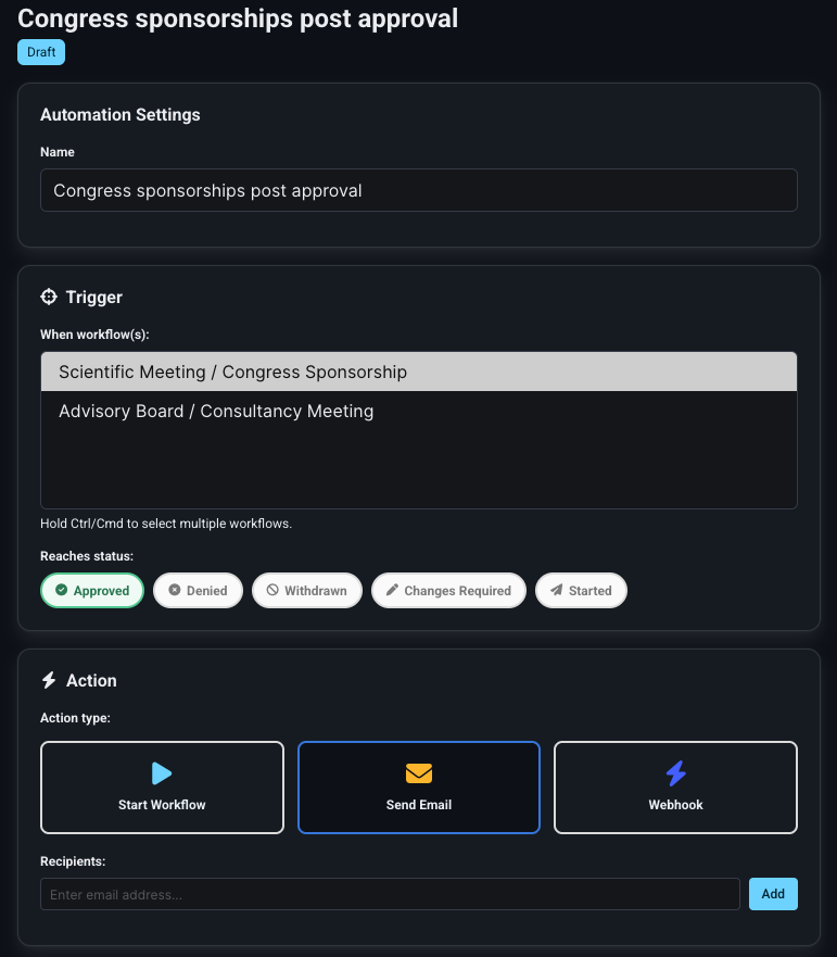 Post-decision automation configuration screenshot in REVO Approval Workflows